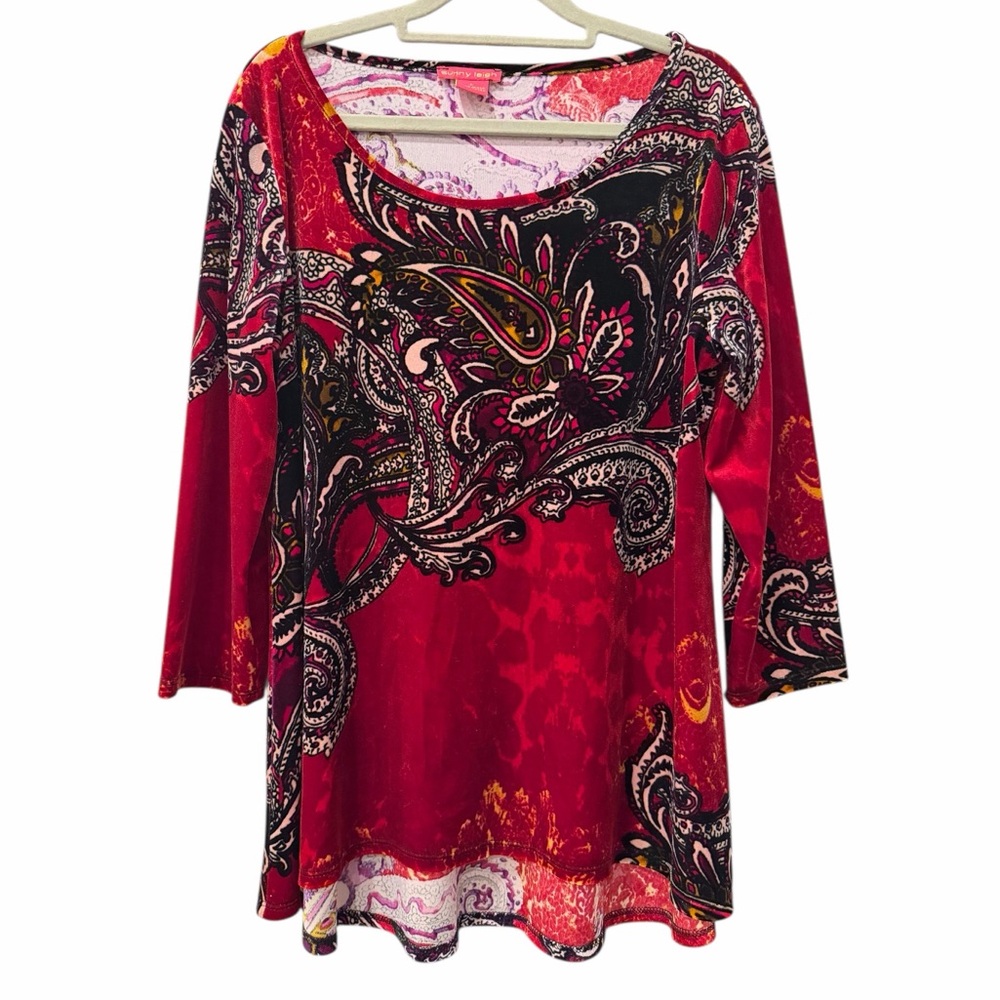 Sunny Leigh Boho Paisley Velvet Velour Top Size Large Red Black